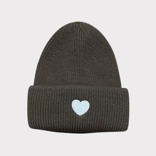 Brown & White Heart Knit Beanie Hat