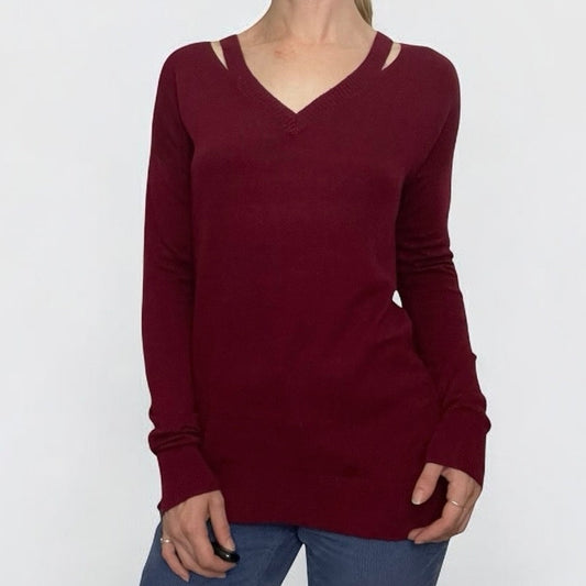 Pixley Red Cutout Shoulder V-Neck Sweater