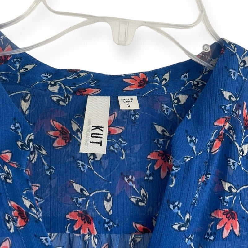 Kut From The Kloth Sheer Blue Floral Long Sleeve Button Down Blouse