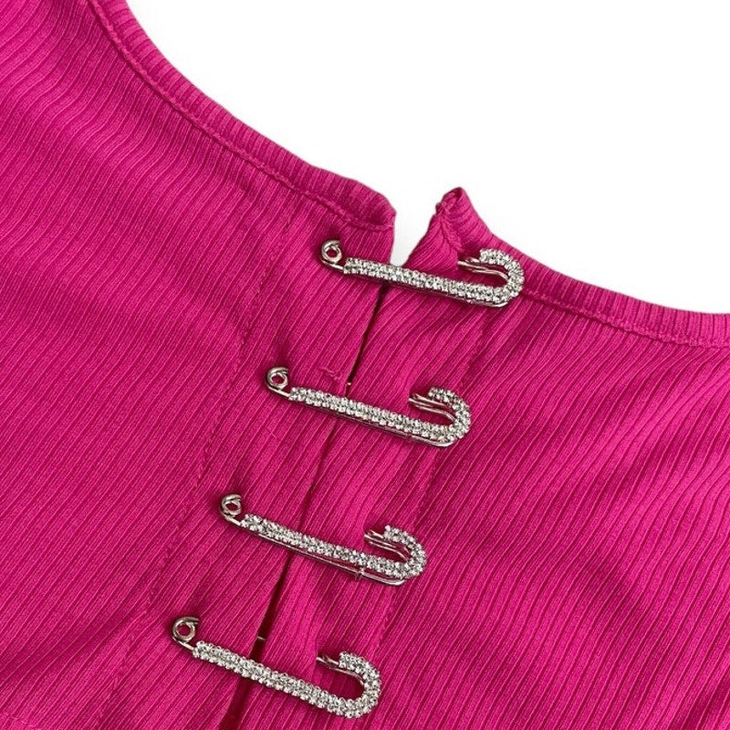 SHEIN Bright Pink Cropped Rhinestone Safety Pin Halter Neck Top