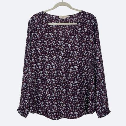 LOFT Purple Floral Button Down Long Sleeve Blouse