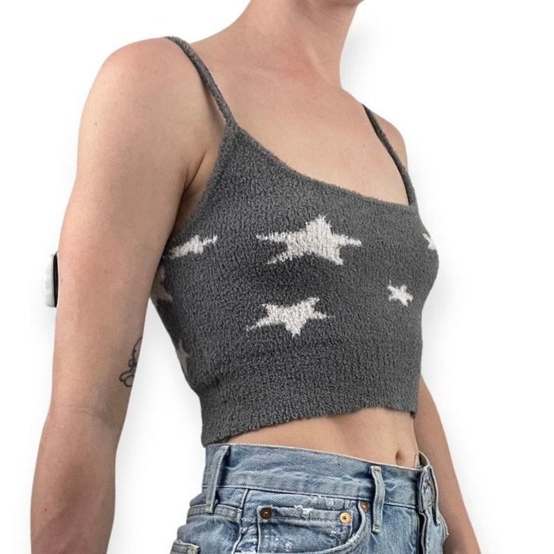 Nue Garage Soft Knit Fluffy Grey Star Cropped Tank Top