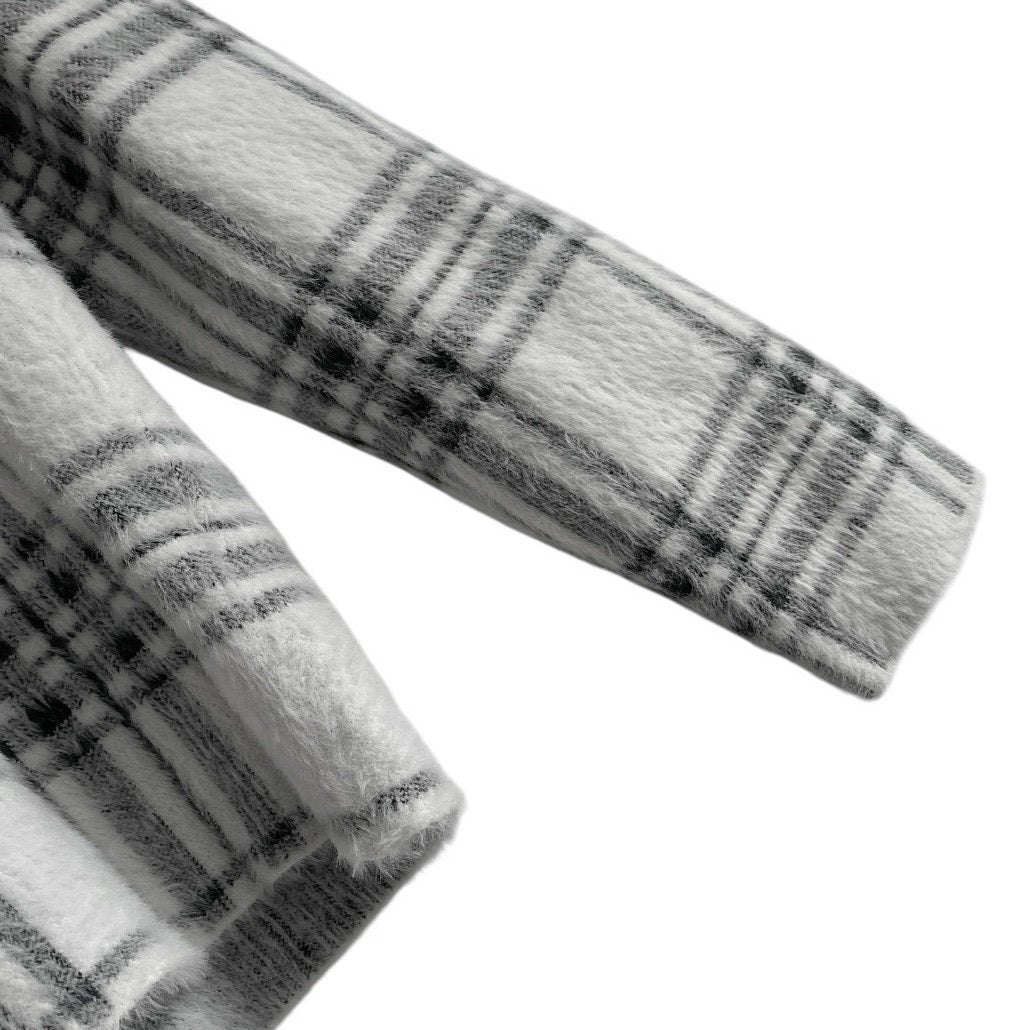 Tahari White & Black Plaid High Neck Fuzzy Knit Sweater