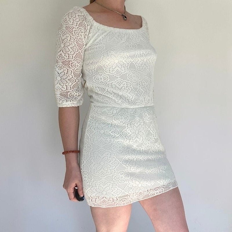 Delia's Sheer White Lace 3/4 Sleeve A-Line Mini Dress