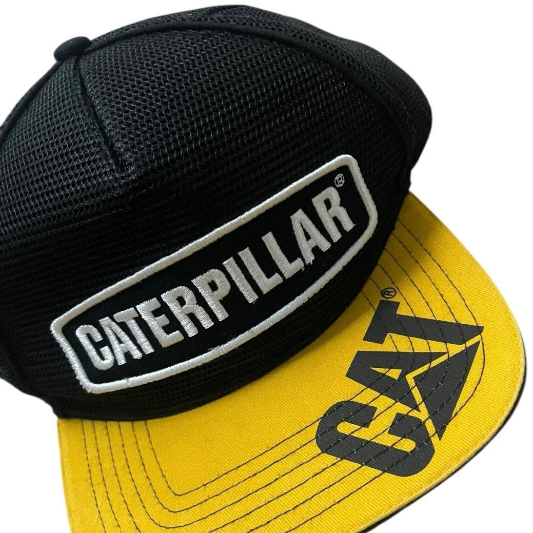 CAT Mens Caterpillar Yellow & Black Mesh Flat Brim Snapback Trucker Hat