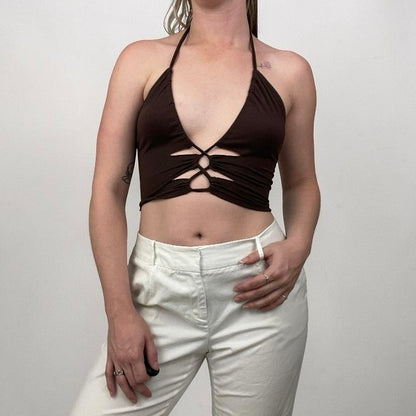 SHEIN Brown Cutout Halter Neck Cropped Top