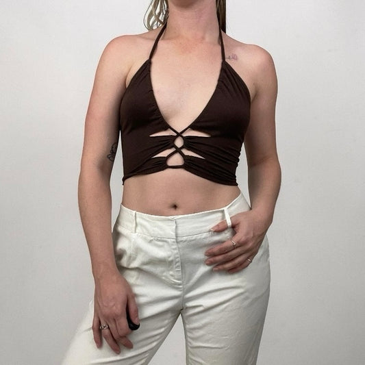 SHEIN Brown Cutout Halter Neck Cropped Top