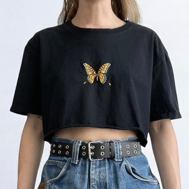 PacSun Black Butterfly Cropped Short Sleeve Tee