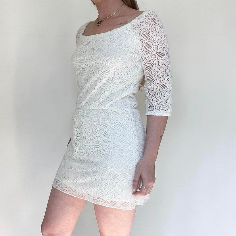 Delia's Sheer White Lace 3/4 Sleeve A-Line Mini Dress