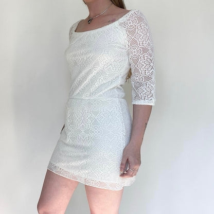 Delia's Sheer White Lace 3/4 Sleeve A-Line Mini Dress