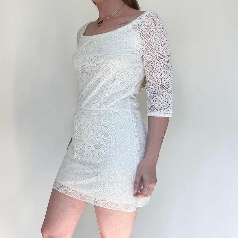 Delia's Sheer White Lace 3/4 Sleeve A-Line Mini Dress