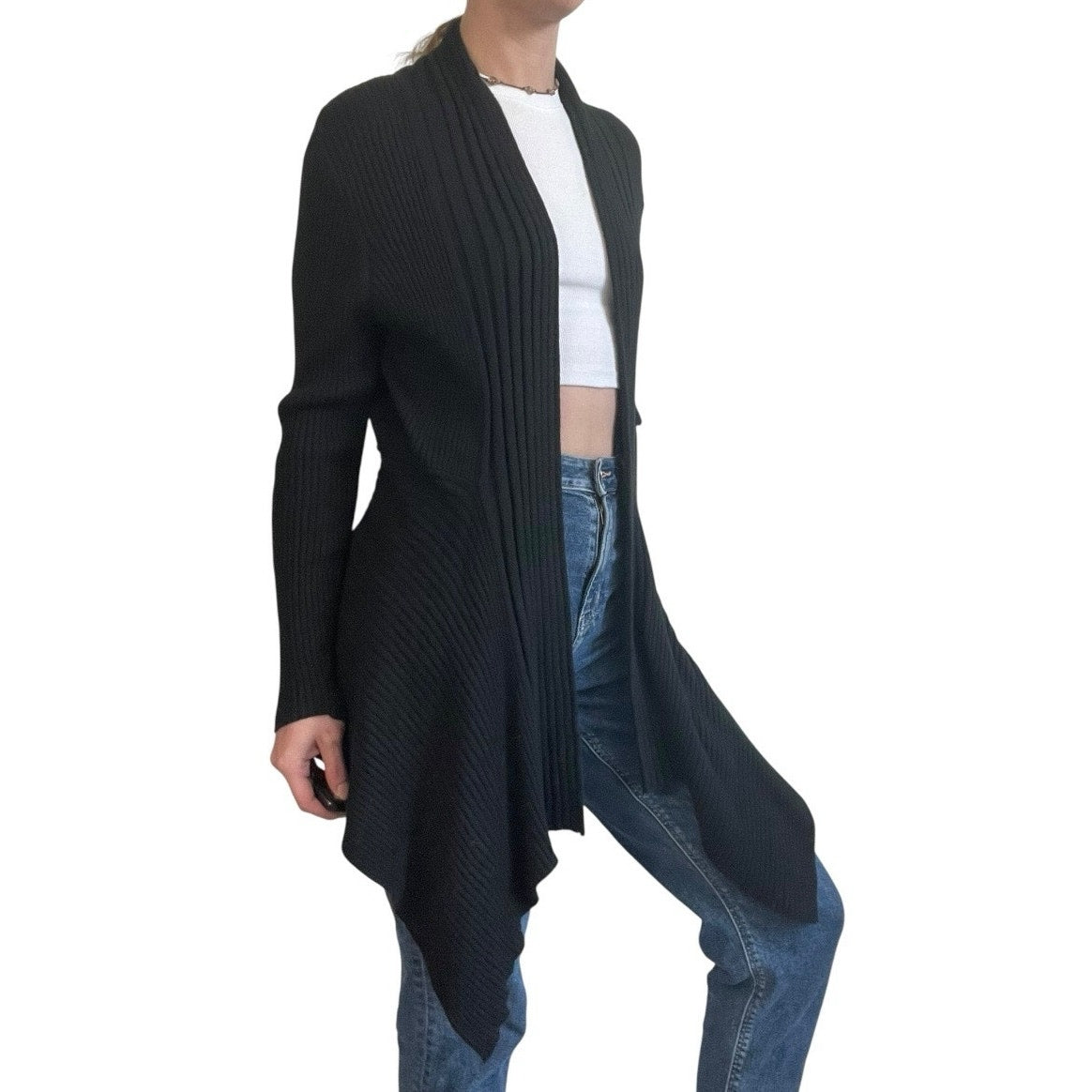 Dana Buchman Black Ribbed Knit Asymmetrical Cardigan Sweater