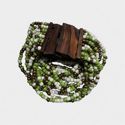 Vintage Green & White Beaded Brown Wooden Clasp Chunky Layered Bracelet