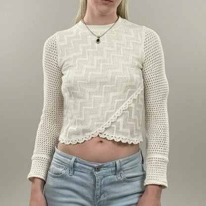 Free People White Lace Trim Sheer Knit Cross Front Sweater