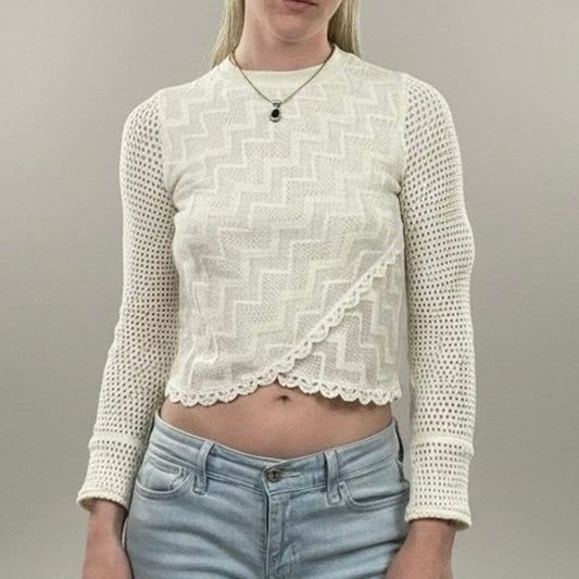 Free People White Lace Trim Sheer Knit Cross Front Sweater