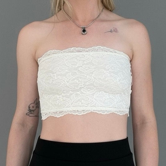 Emmelee White Lace Cropped Strapless Bandeau Top