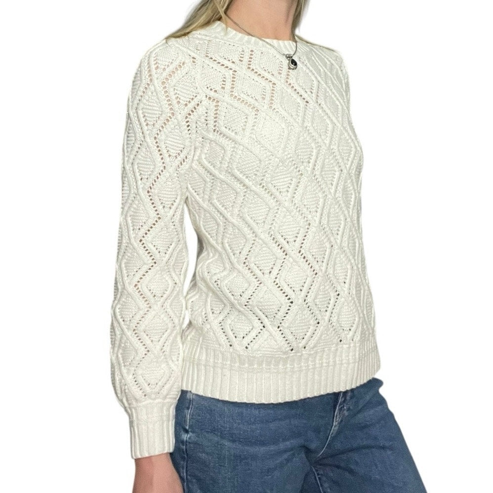 LOFT White Loose Diamond Cable Knit Crewneck Sweater