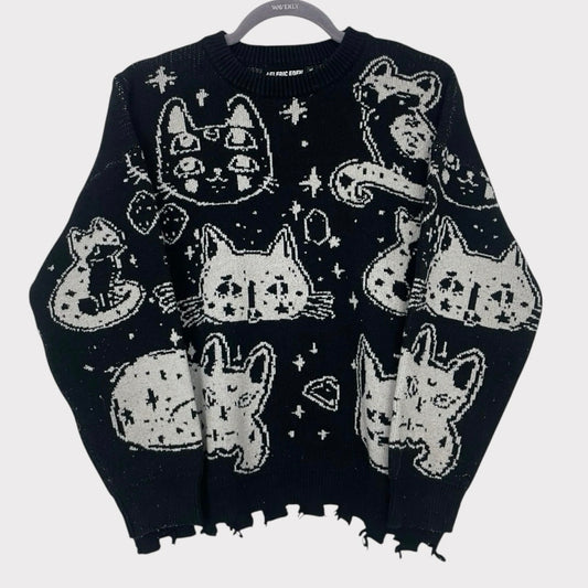 Aelfric Eden Black & White Cat Knit Crewneck Sweater