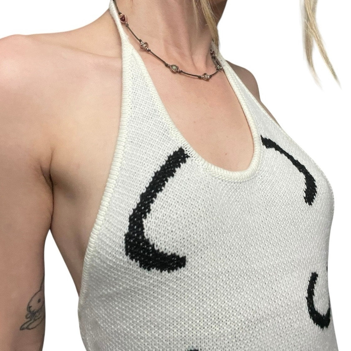Cider White & Black Abstract Knit Halter Neck Open Back Mini Dress