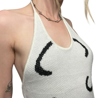 Cider White & Black Abstract Knit Halter Neck Open Back Mini Dress
