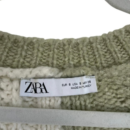 Zara Green & White Color Block Chunky Knit V-Neck Sweater