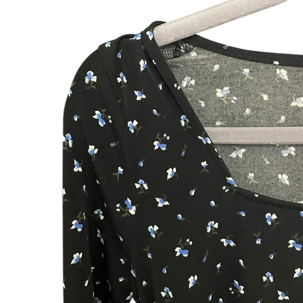 Michael by Michael Kors Black & Blue Floral Long Sleeve Square Neck Blouse