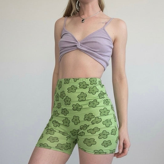 SHEIN Green 70s Flower Print Midi Bike Shorts