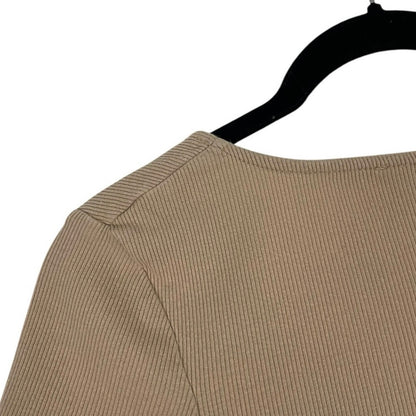 Beige Ribbed Cinched Short Sleeve Cropped Top