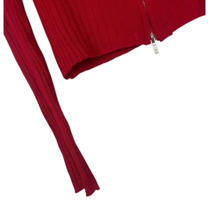 No Boundaries Red Ribbed Zip Up Fur Collar Long Sleeve Top