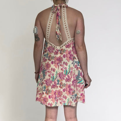 NWT Cupshe Boho Botanical Crochet Trim Halter Neck Mini Dress
