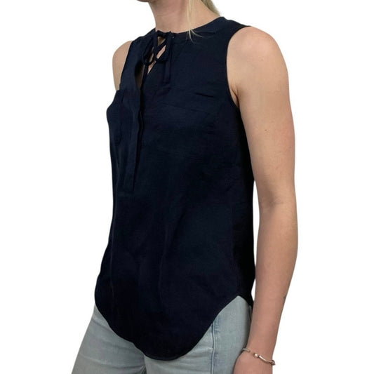 New York & Company Silky Navy Blue Tie Front Blouse