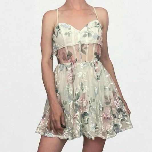 White Sheer Lace Floral Embroidered Corset A-Line Mini Dress