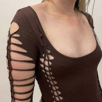 Current Mood Brown Cutout Bodycon Long Sleeve Mini Dress