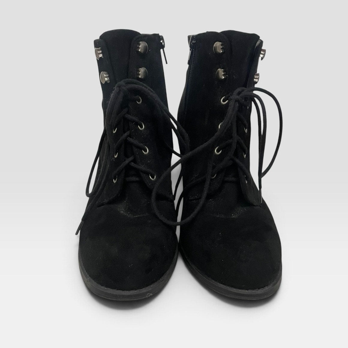 Soda Black Faux Suede Block Heel Lace Up Ankle Boots