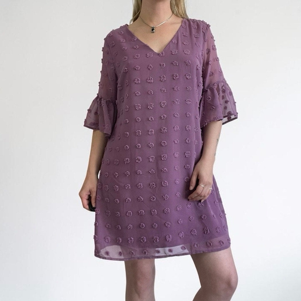 Pink Swiss Dot Sheer Flutter Sleeve V-Neck Mini Dress