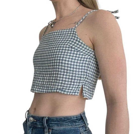 John Galt Blue & White Gingham Cropped Tank Top