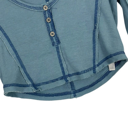 Out From Under Blue Contrast Stitch Patchwork Long Sleeve Cropped Top