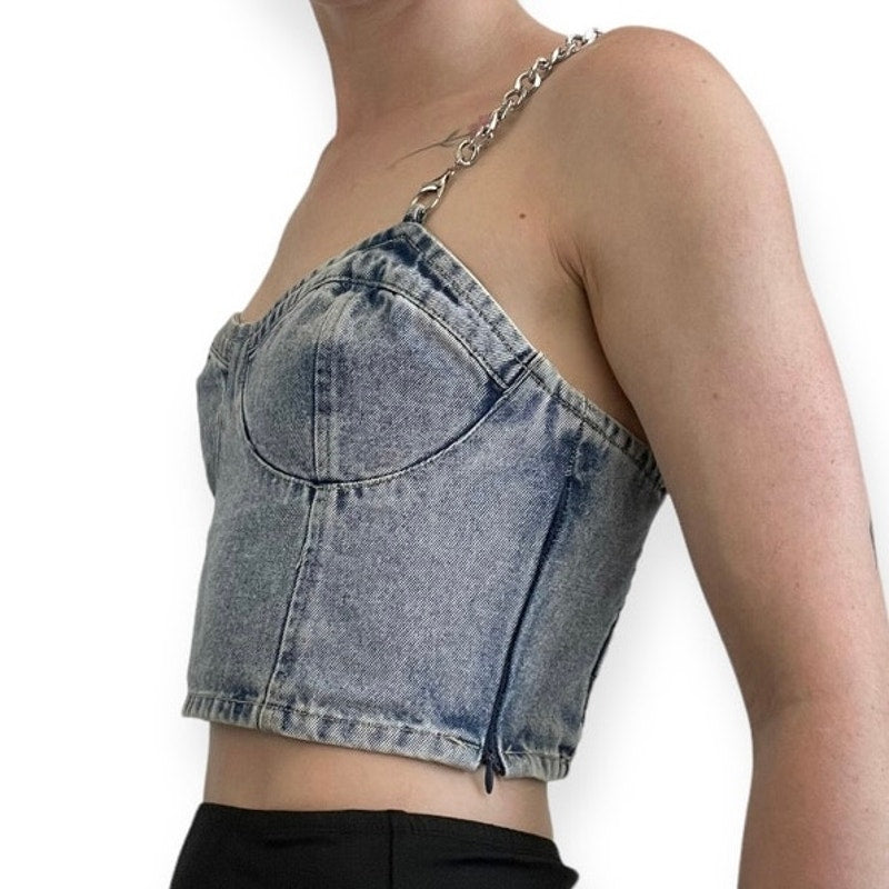 Forever 21 Denim Cropped Chain Straps Tank Top