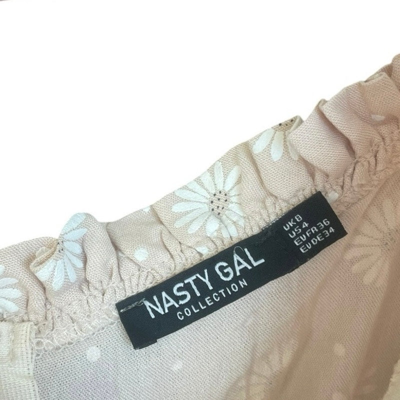 Nasty Gal Nude Floral Puff Sleeve Lace Up Front A-Line Mini Dress