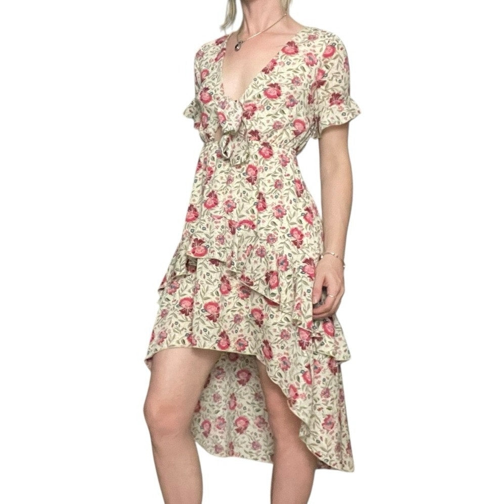 Nasty Gal Cream & Red Floral Hi-Low Tiered Cutout Tie Front Midi Dress