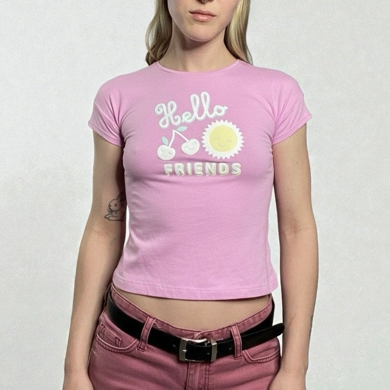 365 Kids Pink Hello Friends Girls Graphic Short Sleeve Y2K Baby Tee