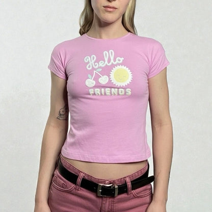 365 Kids Pink Hello Friends Girls Graphic Short Sleeve Y2K Baby Tee