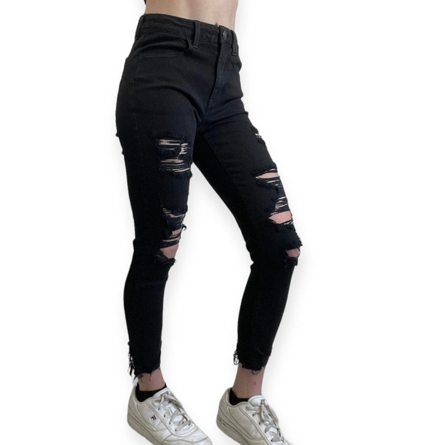 American Eagle Black Distressed Next Level Stretch Hi-Rise Jegging Crop Jeans