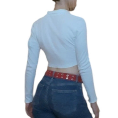 SHEIN White Ribbed Cropped Long Sleeve Collared Top