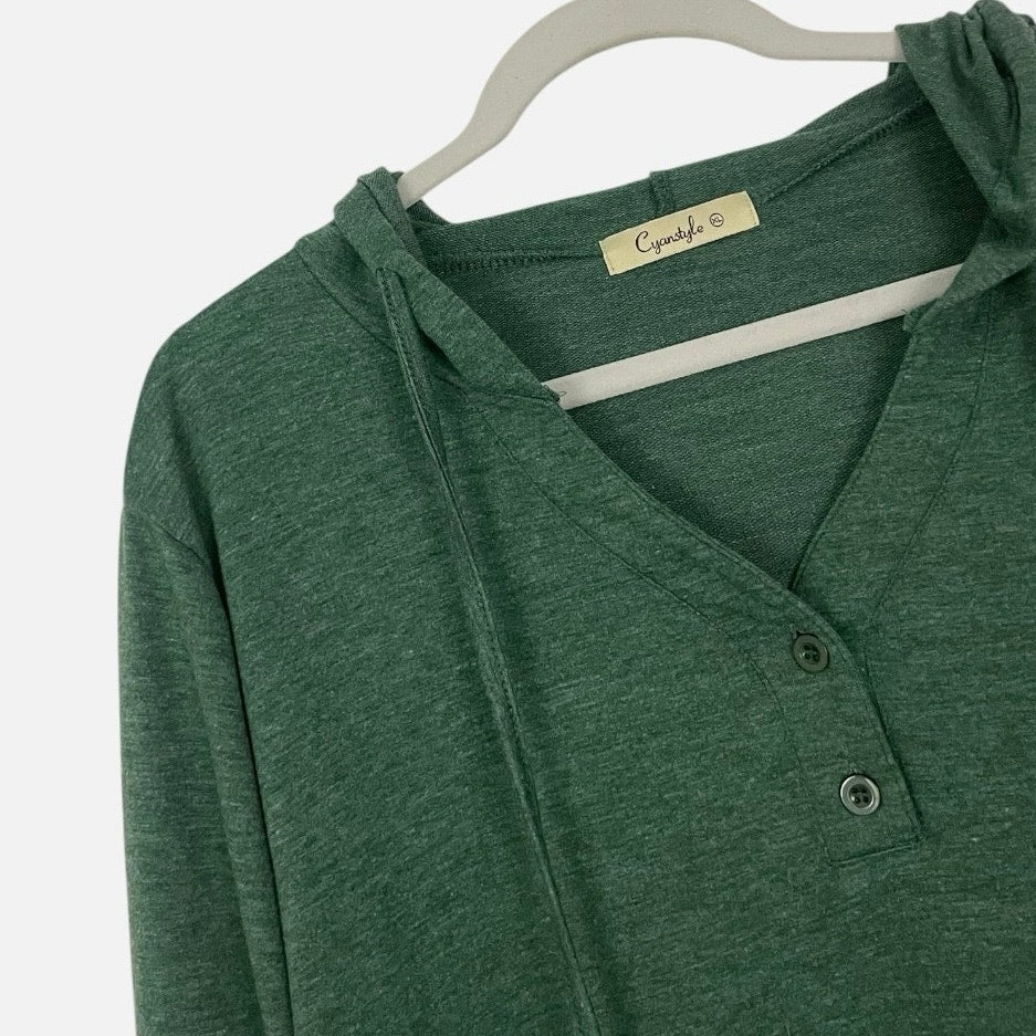 Cyanstyle Green Ruched Side Tie Henley Hoodie
