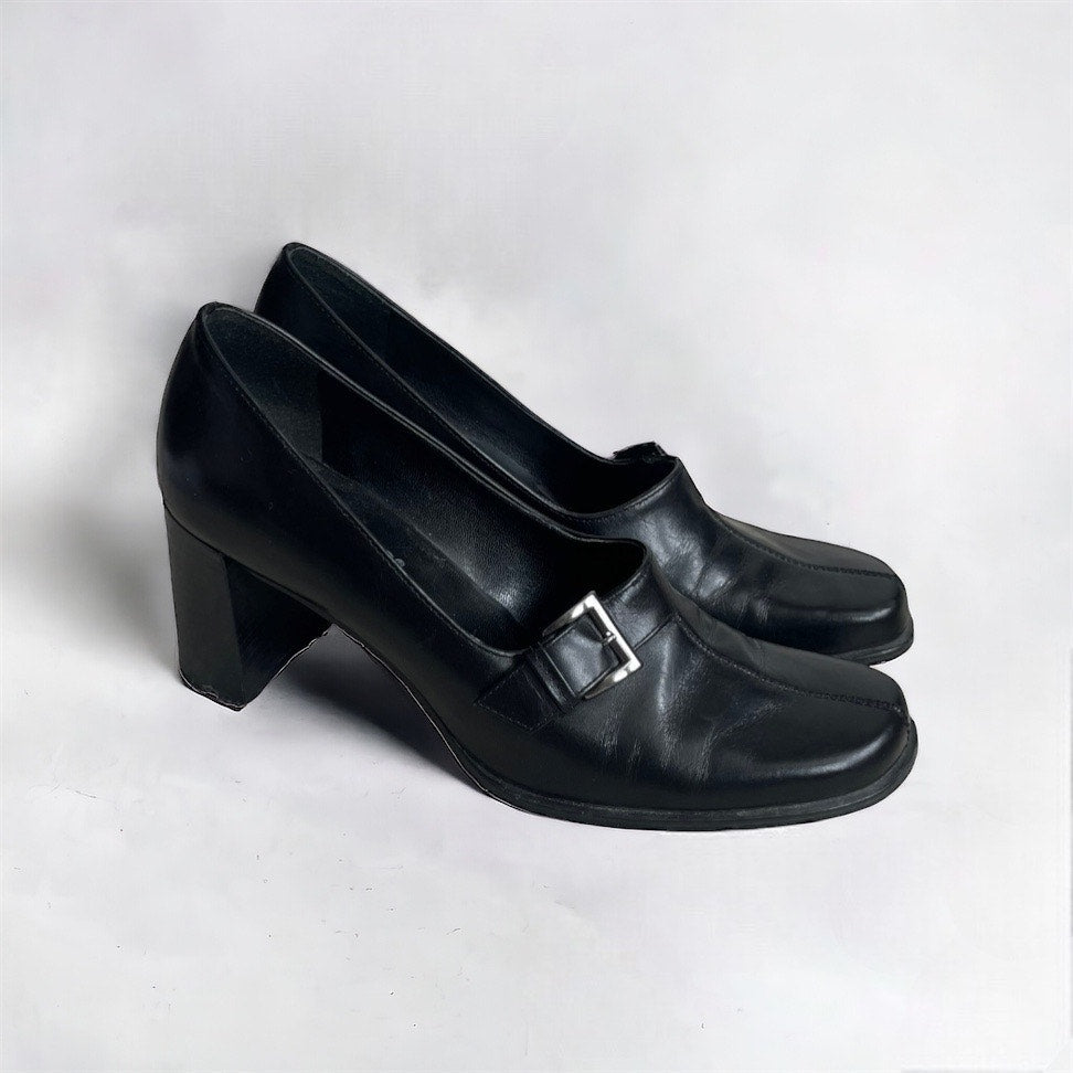 Franco Sarto Black Leather Buckle Heels