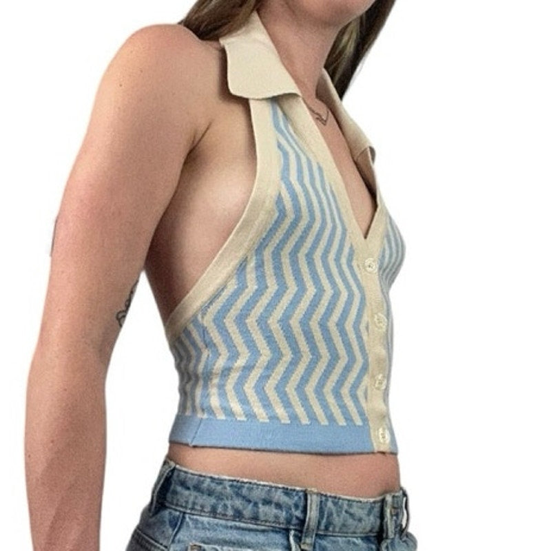 Vintage Blue and Cream Striped Collared Halter Neck Open Back Top