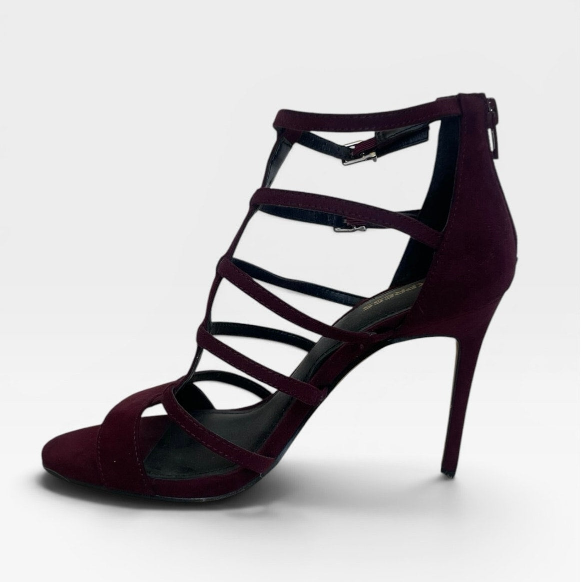 Express Burgundy Faux Suede Strappy Cage Stiletto Heels