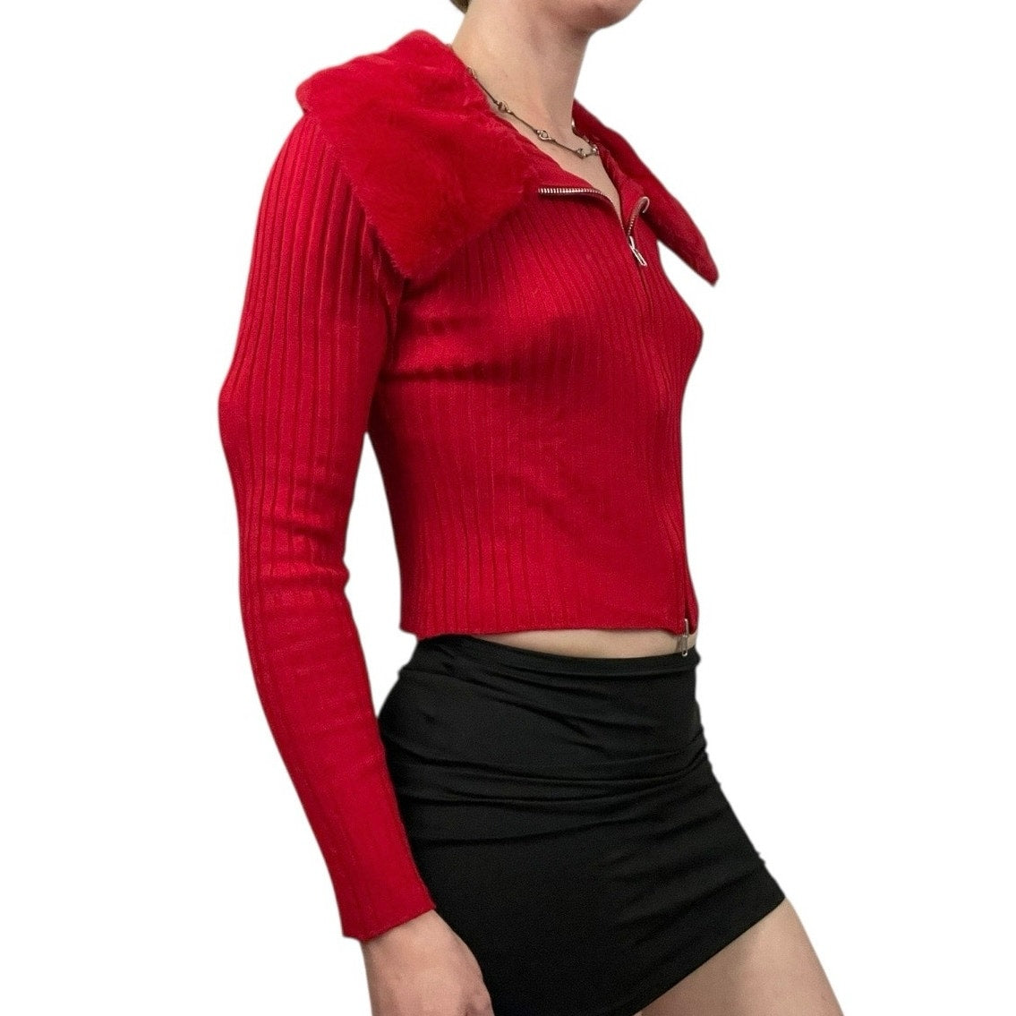 No Boundaries Red Ribbed Zip Up Fur Collar Long Sleeve Top