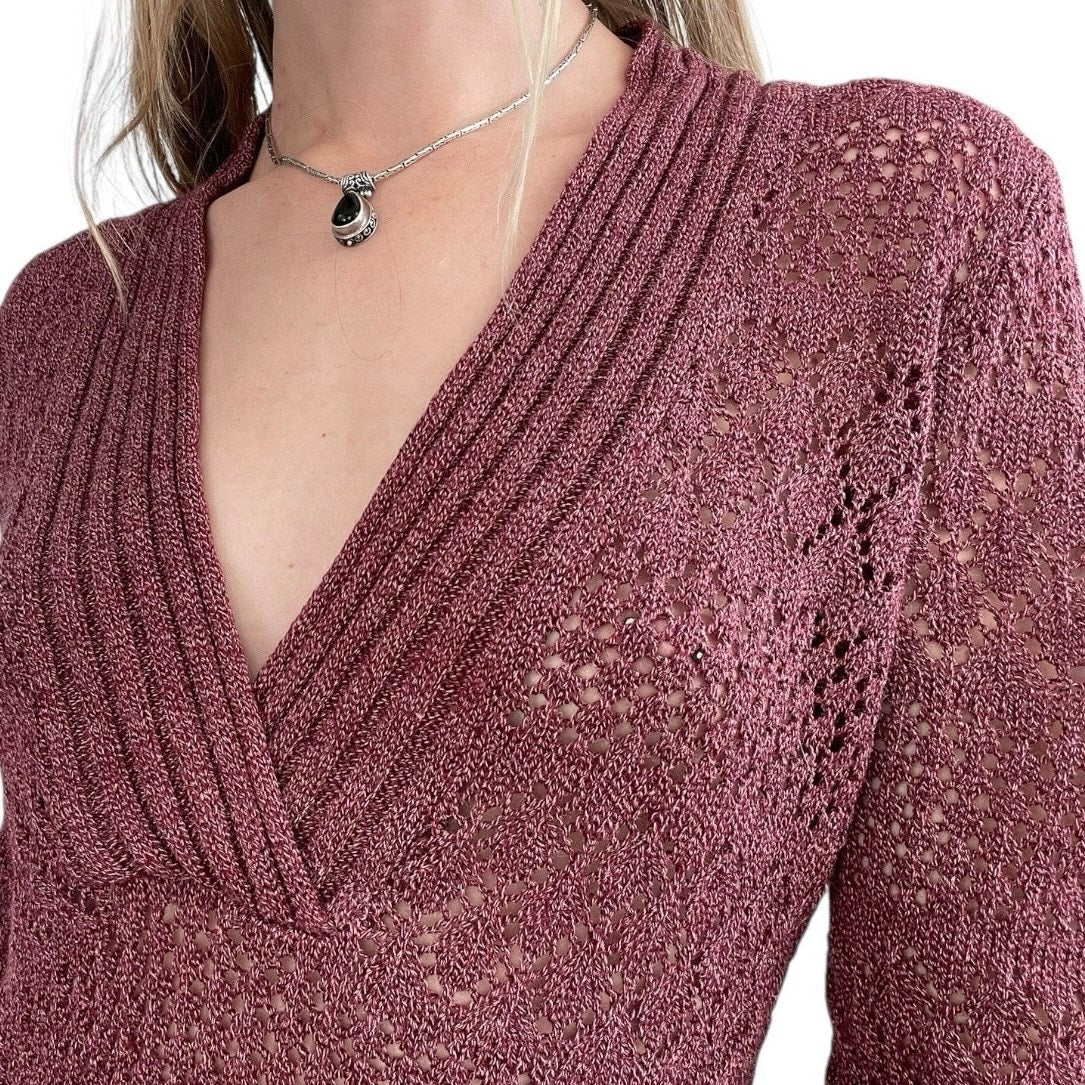 Axcess Maroon Sheer Boho Loose Knit V-Neck Ribbed Sweater